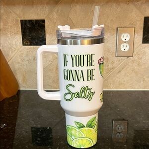 White and Green Insulated Tumbler with Straw